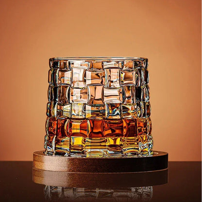 Rotating Whisky Glass – spinning rounded base, cut-glass pattern, four styles
