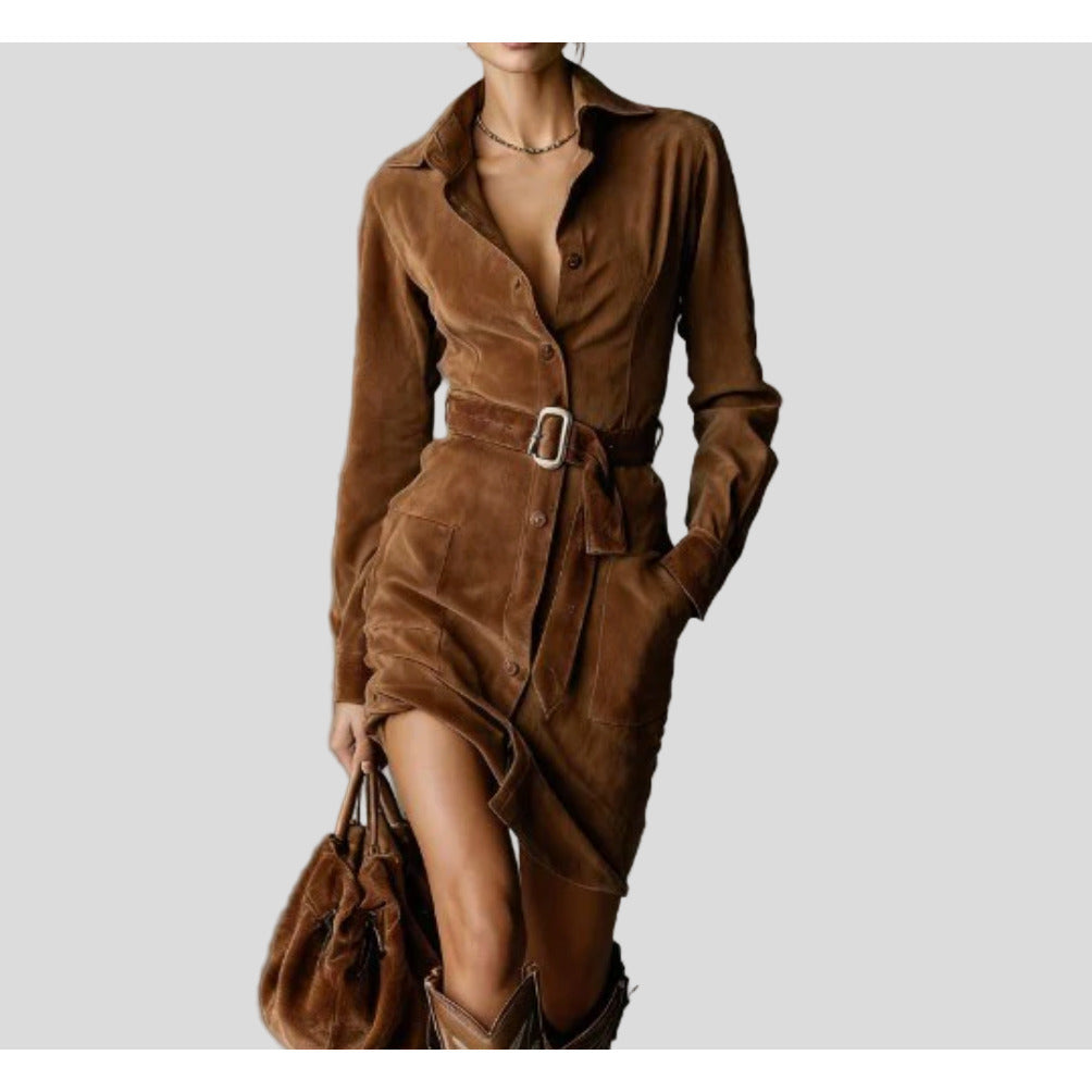 Suede Shirt Dress – long sleeves, button front, tailored waist