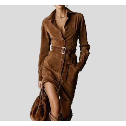 Suede Shirt Dress – long sleeves, button front, tailored waist