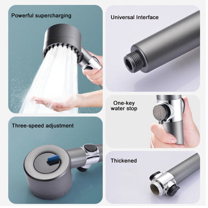 High Pressure Shower Head – three spray settings, built-in filter, stop button