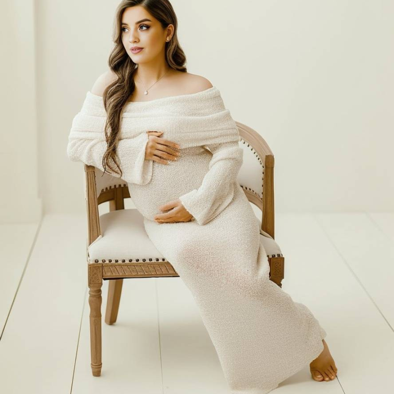 Maternity Dress – off-shoulder neckline, long flared sleeves, full length