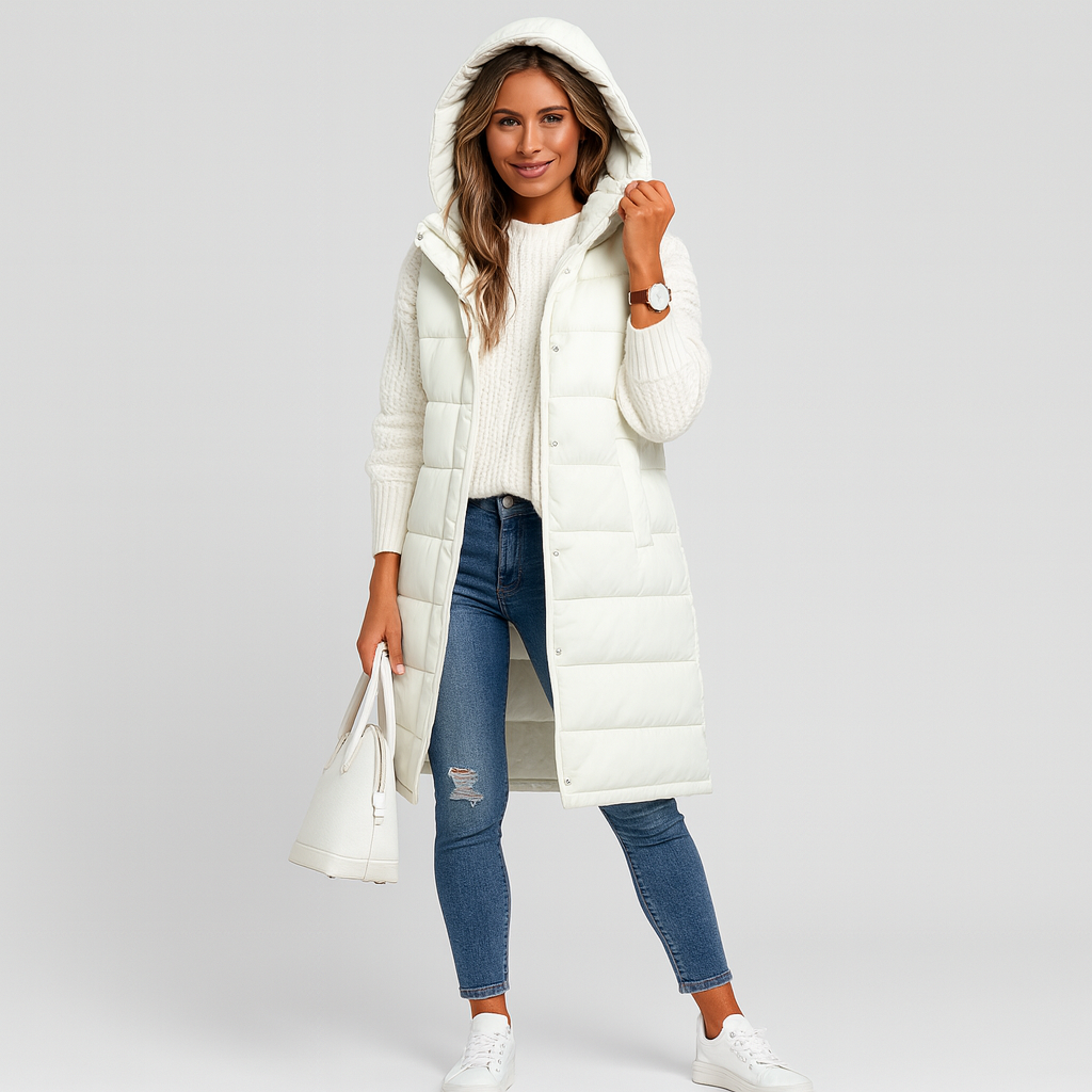 Women's Long Puffer Vest – hooded, quilted, button front