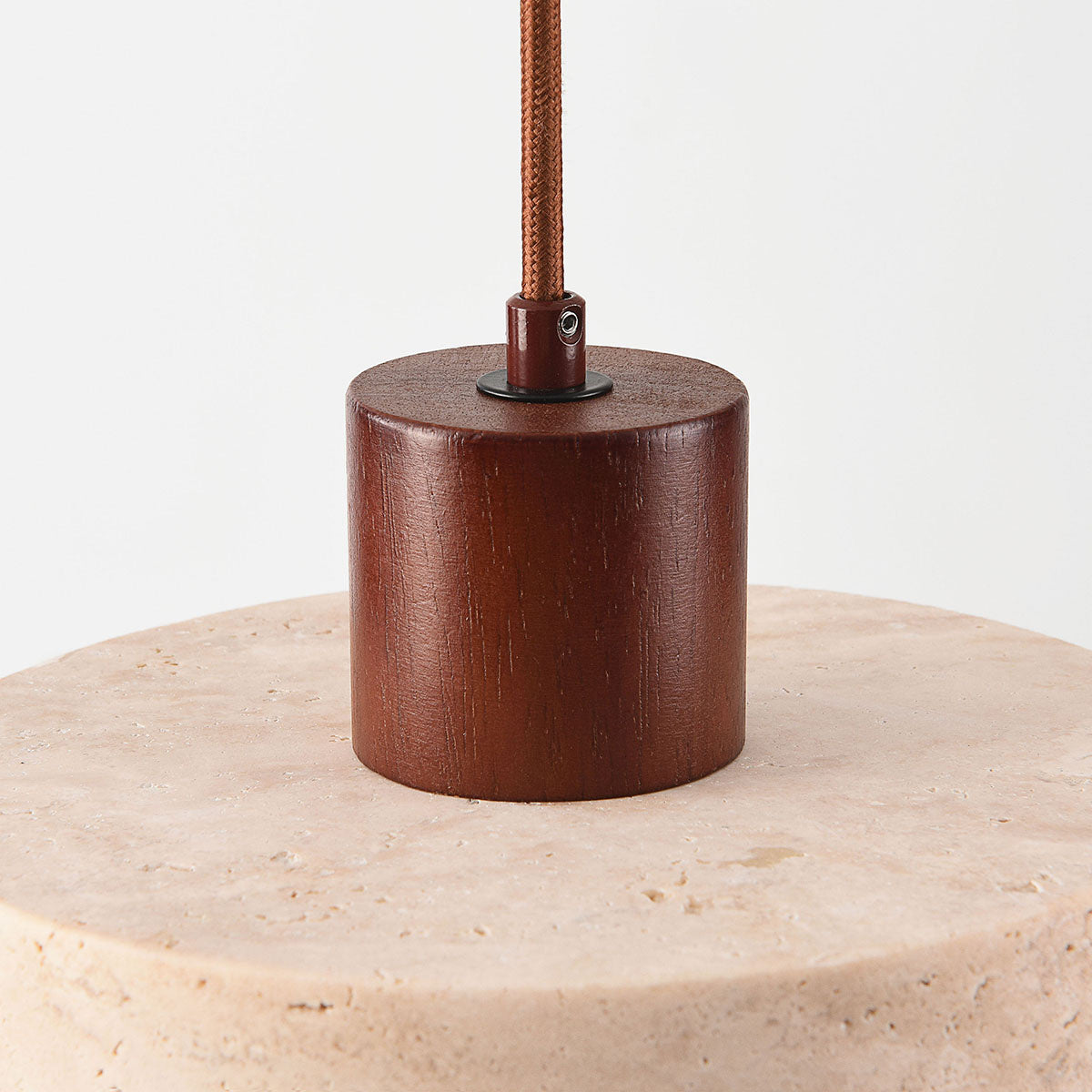 Travertine Pendant Light – natural stone shade, dark wood cap, adjustable cord
