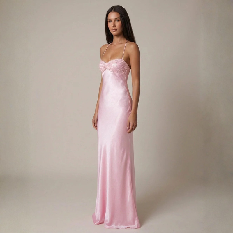 Satin Maxi Dress – spaghetti straps, lace-up open back, sequin bust