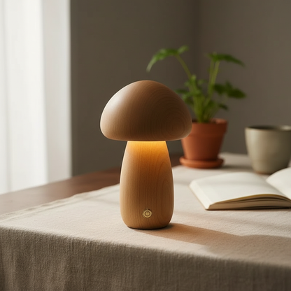 Wooden Mushroom Night Light – solid timber, touch dimmable, USB rechargeable