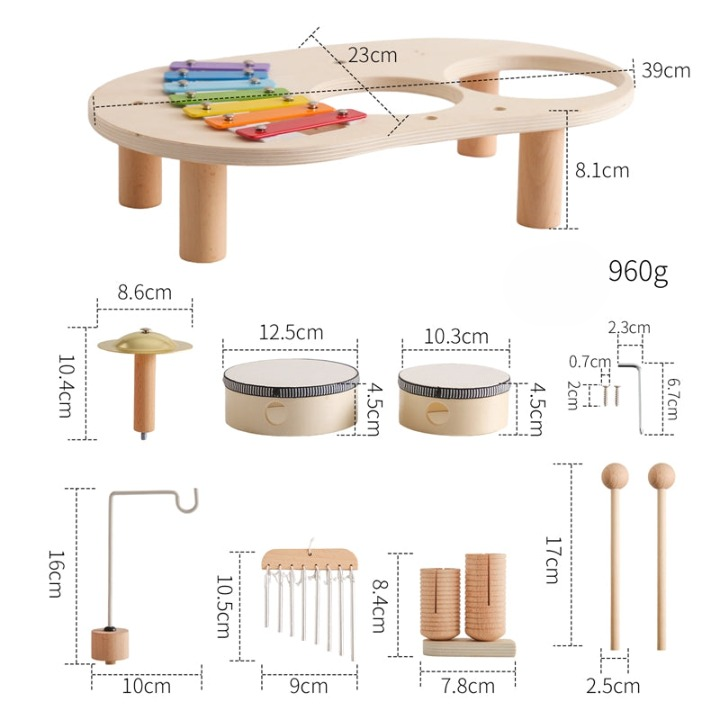Wooden Music Table – two drums, xylophone, chimes and cymbal