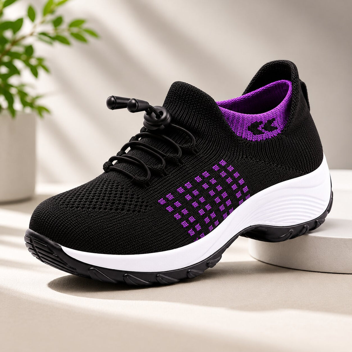 Wide Fit Trainers – knit mesh upper, padded heel, slip resistant sole