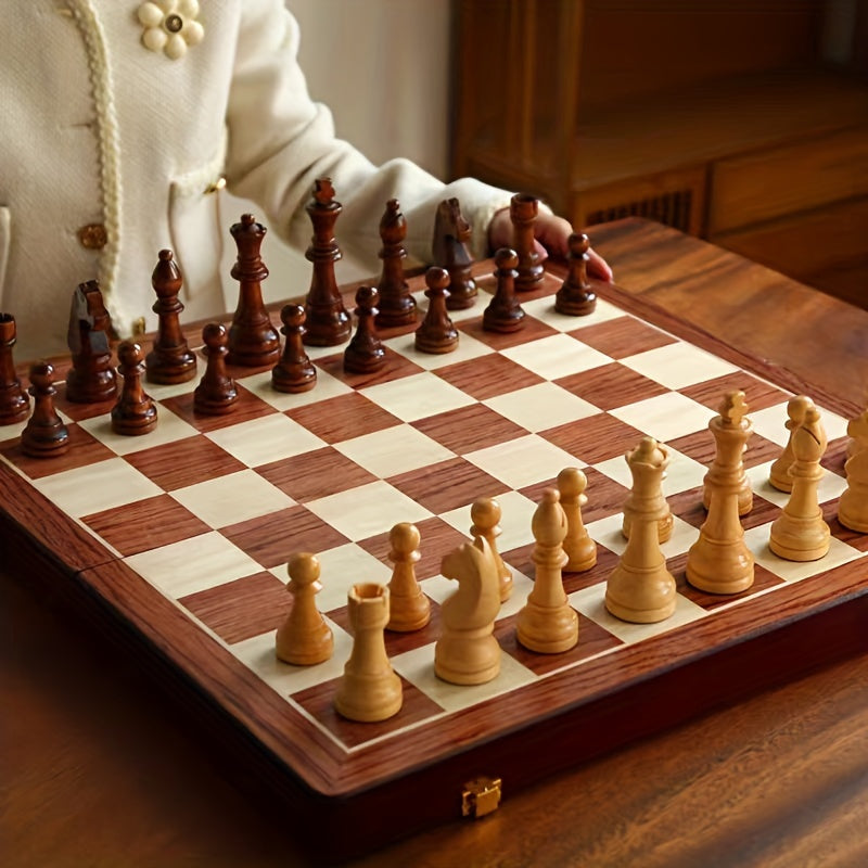 Wooden Chess Set – folding board, fitted storage, two extra queens