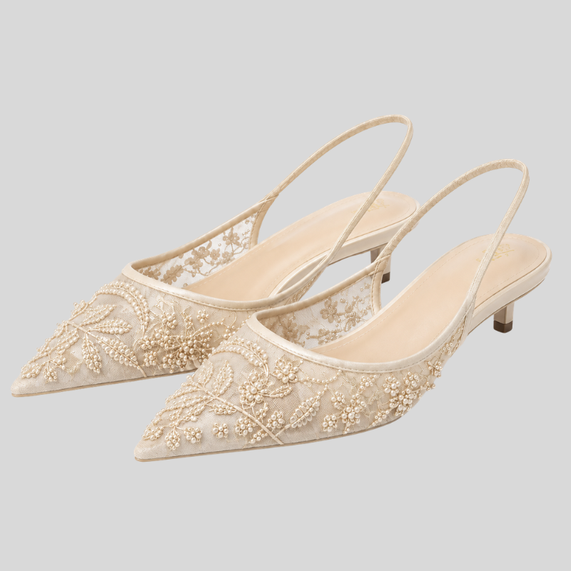 Slingback Kitten Heels – floral embroidery, sheer mesh, pointed toe