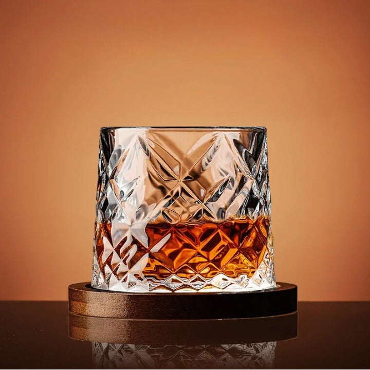 Rotating Whisky Glass – spinning rounded base, cut-glass pattern, four styles