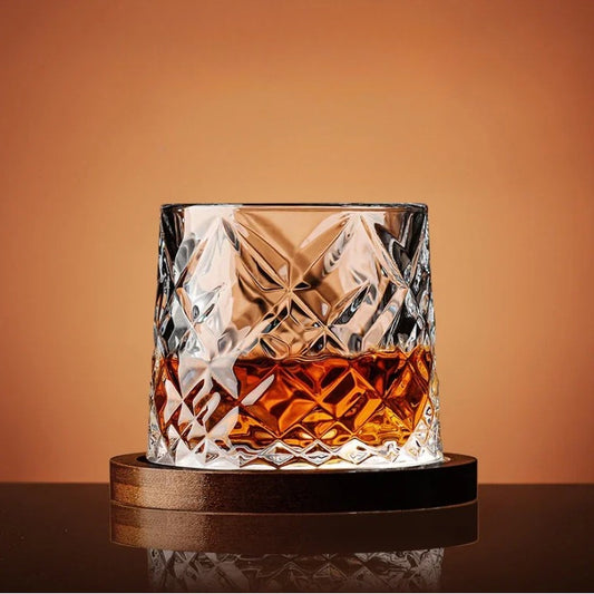 Rotating Whisky Glass – spinning rounded base, cut-glass pattern, four styles