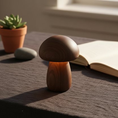 Wooden Mushroom Night Light – solid timber, touch dimmable, USB rechargeable