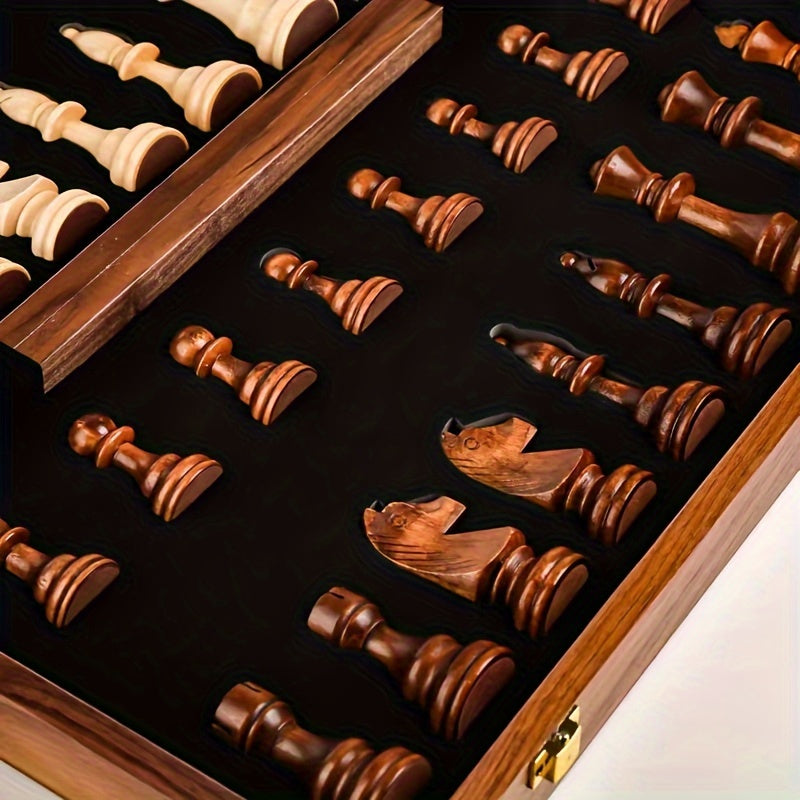 Wooden Chess Set – folding board, fitted storage, two extra queens