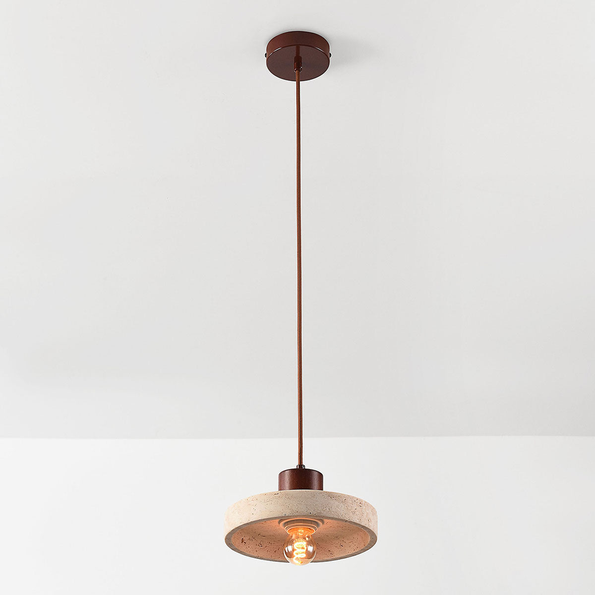 Travertine Pendant Light – natural stone shade, dark wood cap, adjustable cord