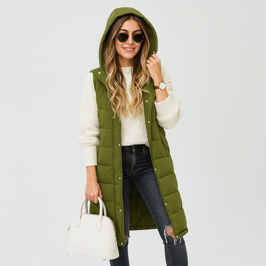 Women's Long Puffer Vest – hooded, quilted, button front