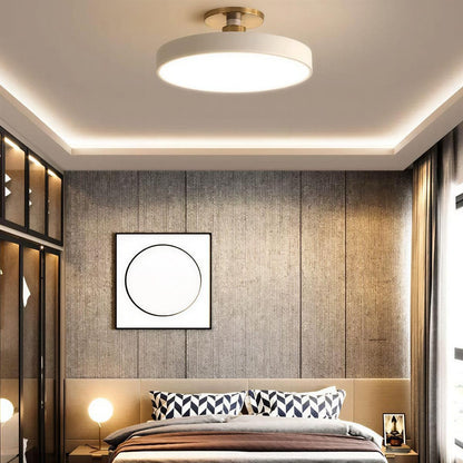 Round Semi-Flush Ceiling Light – brass stem, integrated LED, six colours