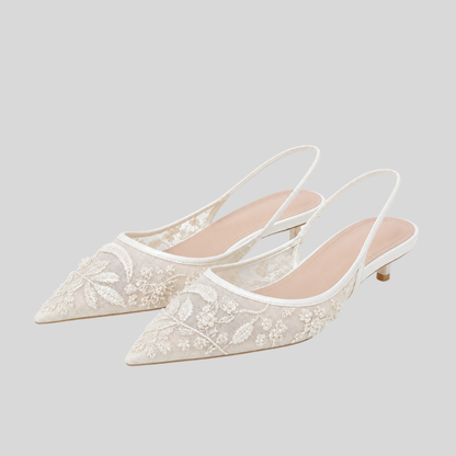 Slingback Kitten Heels – floral embroidery, sheer mesh, pointed toe