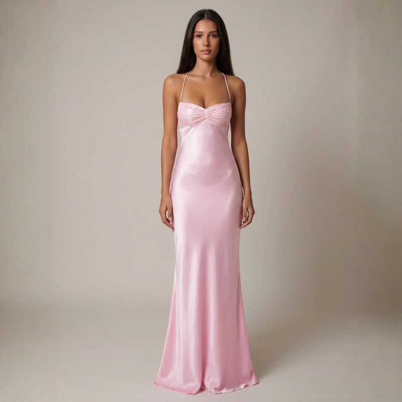 Satin Maxi Dress – spaghetti straps, lace-up open back, sequin bust