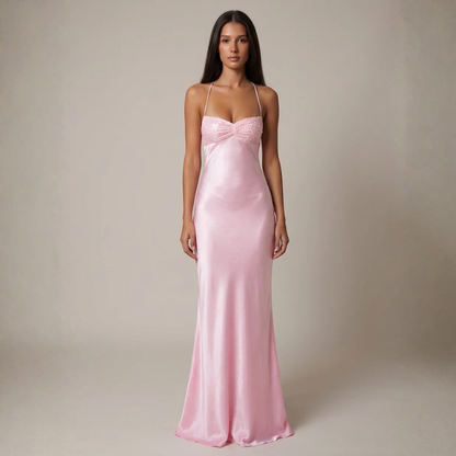 Satin Maxi Dress – spaghetti straps, lace-up open back, sequin bust