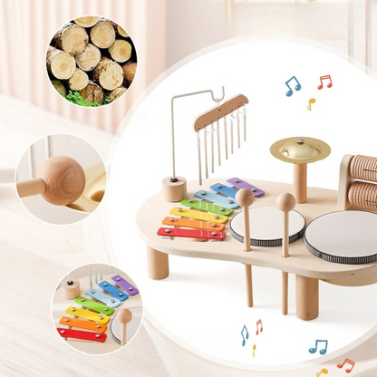 Wooden Music Table – two drums, xylophone, chimes and cymbal