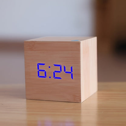 Wood Cube Alarm Clock – LED display, temperature, USB or battery