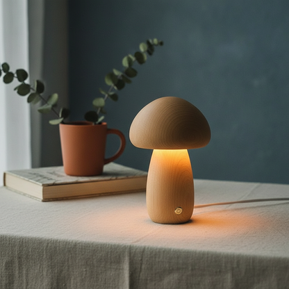 Wooden Mushroom Night Light – solid timber, touch dimmable, USB rechargeable