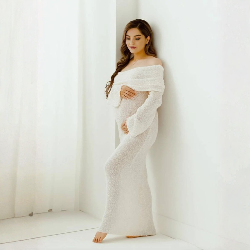 Maternity Dress – off-shoulder neckline, long flared sleeves, full length