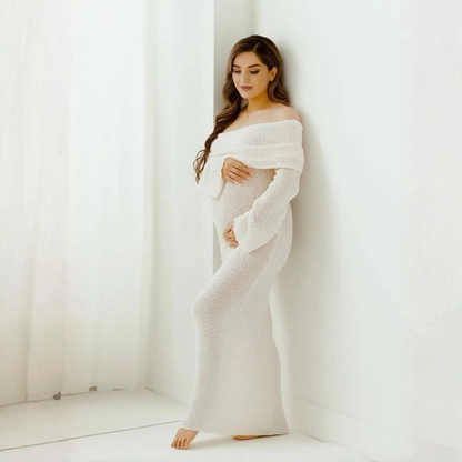Maternity Dress – off-shoulder neckline, long flared sleeves, full length
