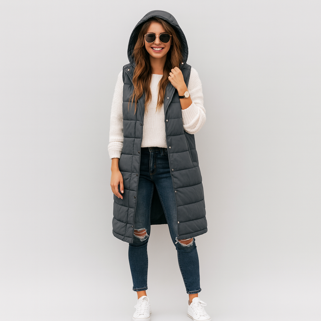 Women's Long Puffer Vest – hooded, quilted, button front