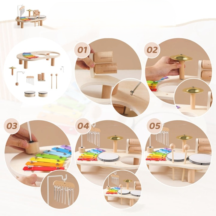 Wooden Music Table – two drums, xylophone, chimes and cymbal