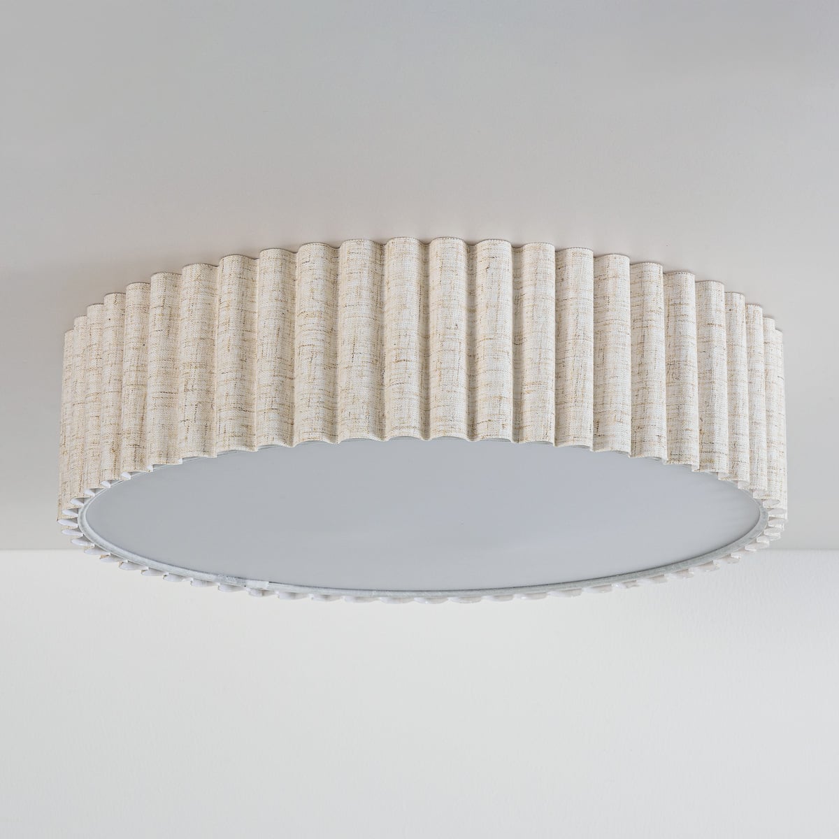 Fluted Linen Ceiling Light – ribbed fabric shade, diffuser, two bulbs