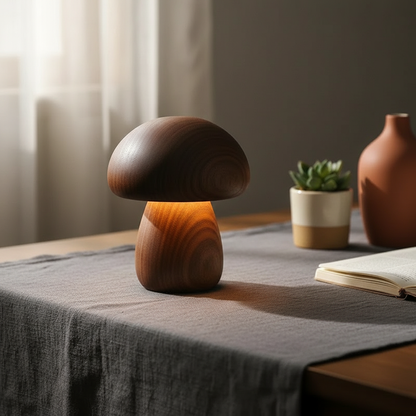 Wooden Mushroom Night Light – solid timber, touch dimmable, USB rechargeable