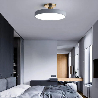 Round Semi-Flush Ceiling Light – brass stem, integrated LED, six colours