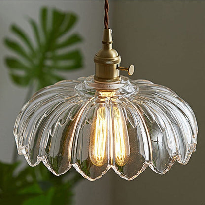 Flower Glass Pendant Light – scalloped shade, brass-tone fitting, four colours