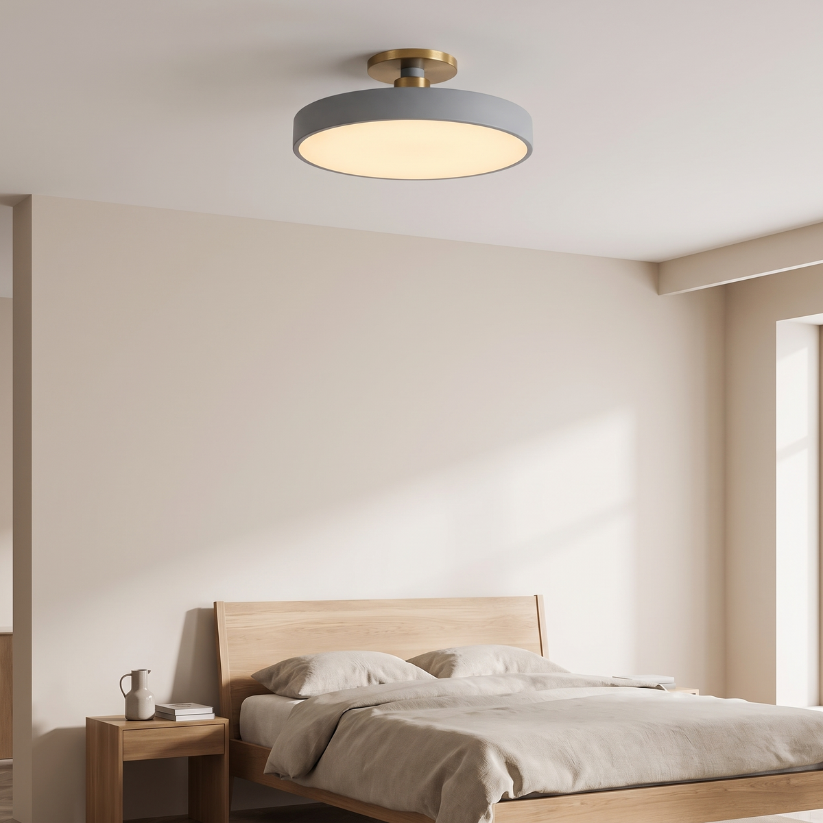 Round Semi-Flush Ceiling Light – brass stem, integrated LED, six colours