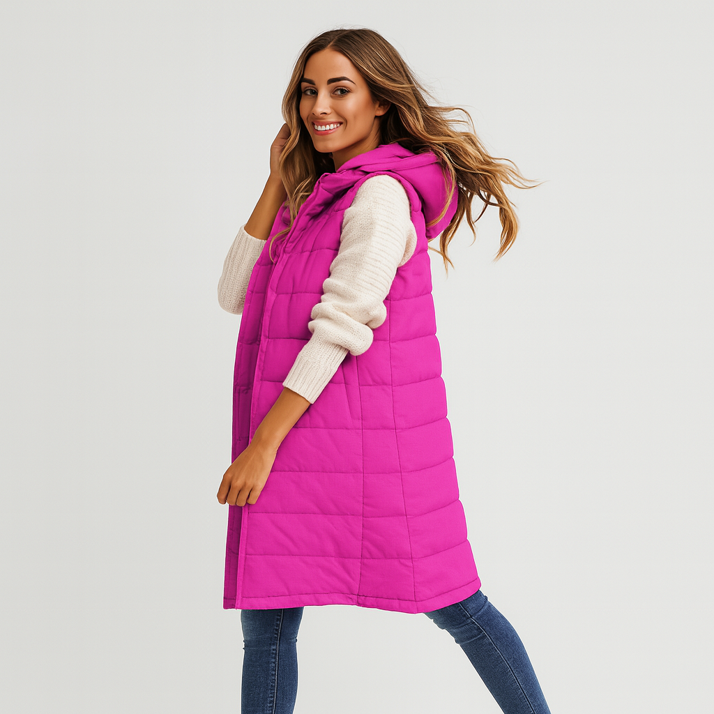 Women's Long Puffer Vest – hooded, quilted, button front