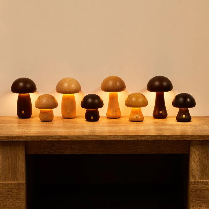 Wooden Mushroom Night Light – solid timber, touch dimmable, USB rechargeable