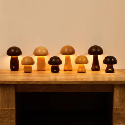 Wooden Mushroom Night Light – solid timber, touch dimmable, USB rechargeable