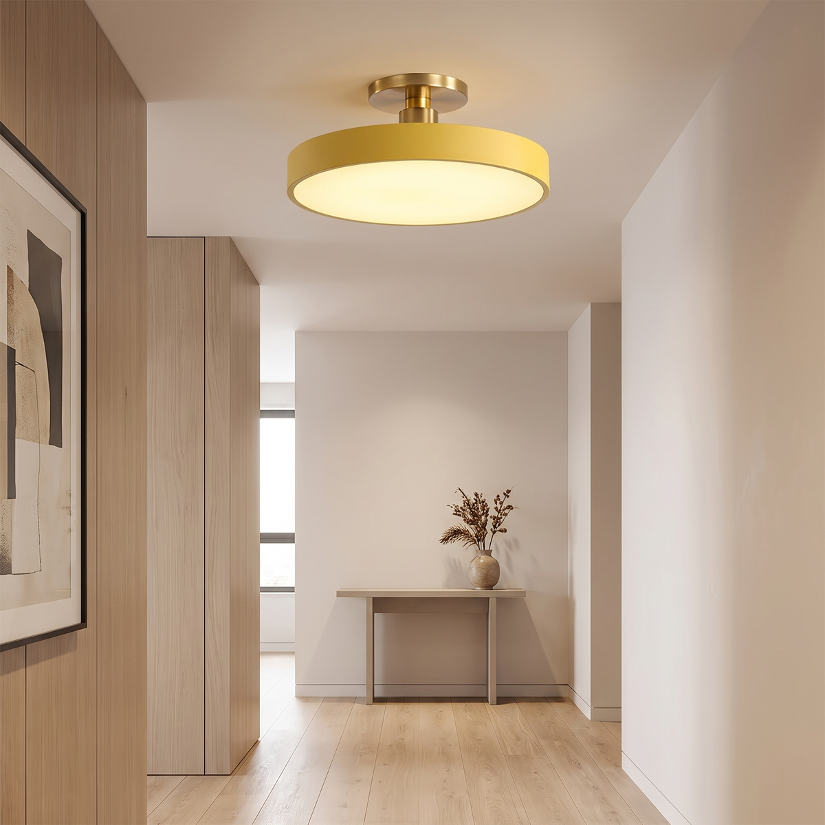 Round Semi-Flush Ceiling Light – brass stem, integrated LED, six colours