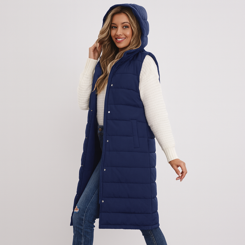 Women's Long Puffer Vest – hooded, quilted, button front
