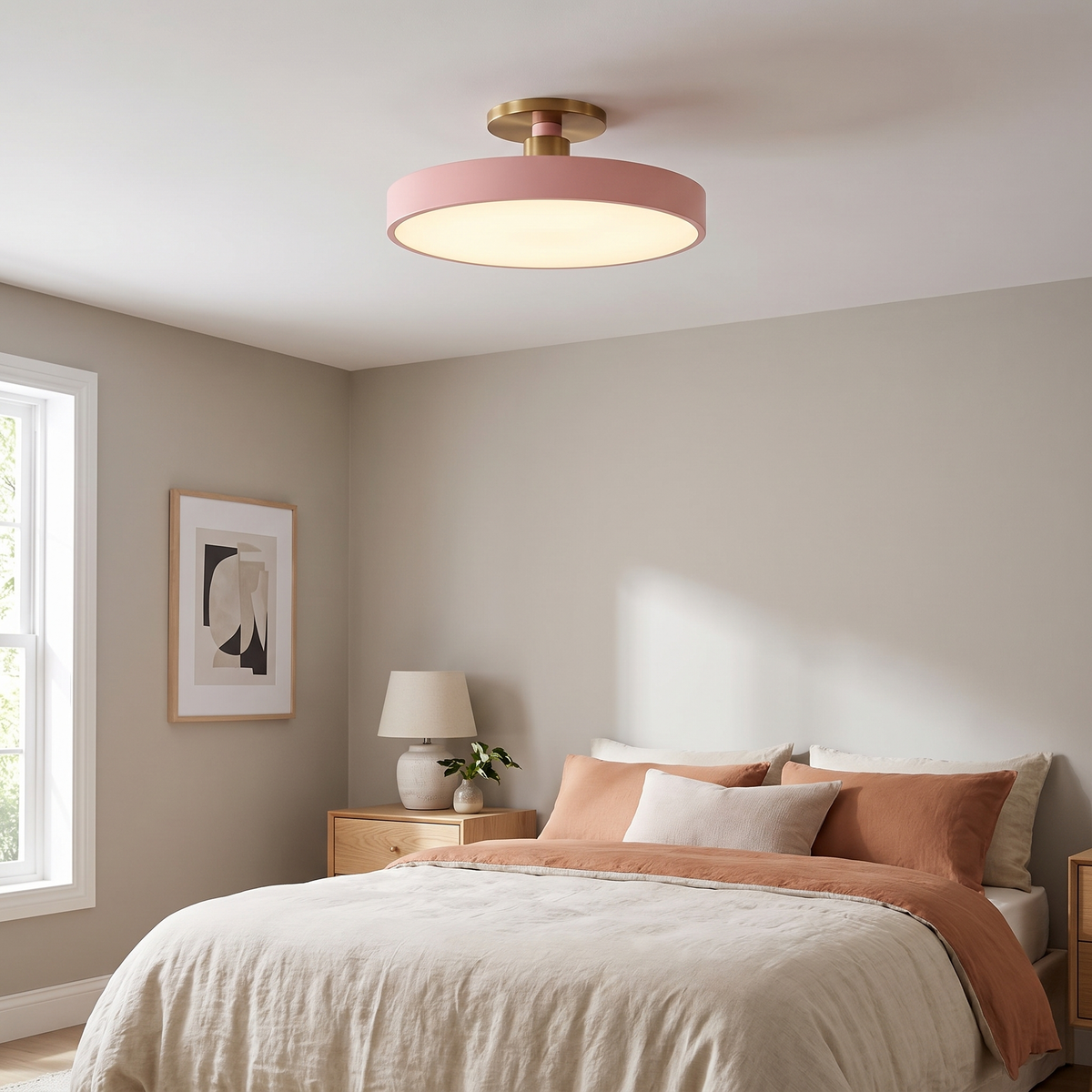 Round Semi-Flush Ceiling Light – brass stem, integrated LED, six colours