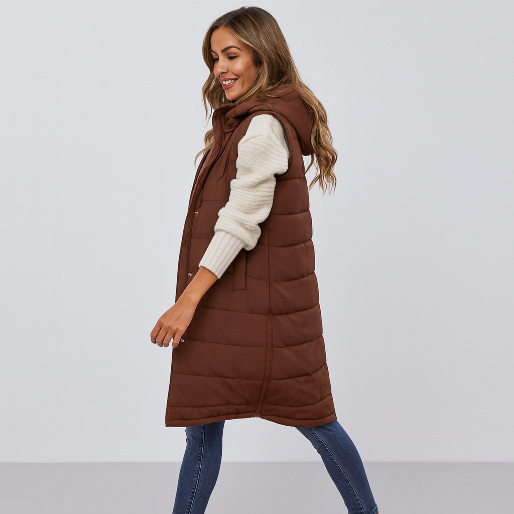 Women's Long Puffer Vest – hooded, quilted, button front