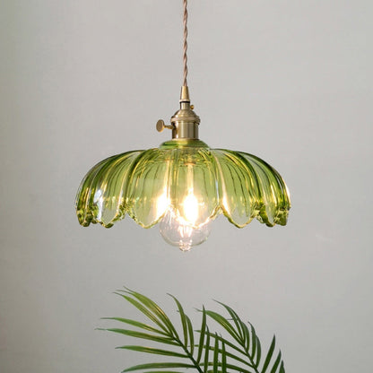 Flower Glass Pendant Light – scalloped shade, brass-tone fitting, four colours