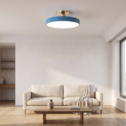 Round Semi-Flush Ceiling Light – brass stem, integrated LED, six colours