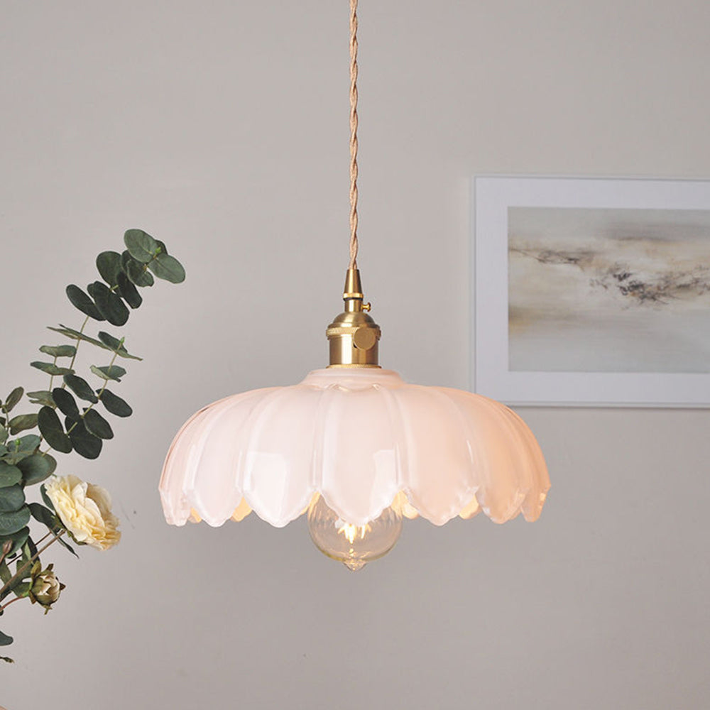 Flower Glass Pendant Light – scalloped shade, brass-tone fitting, four colours