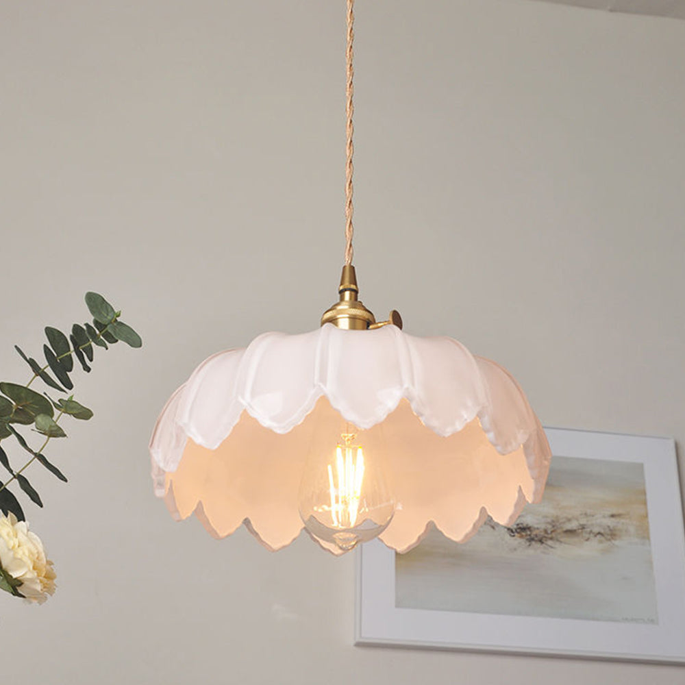 Flower Glass Pendant Light – scalloped shade, brass-tone fitting, four colours
