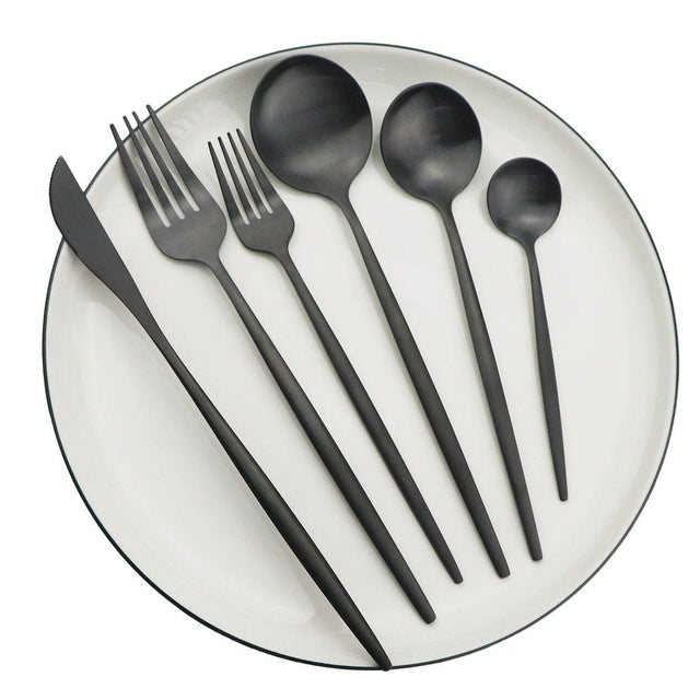 30-Piece Cutlery Set – slim matte stainless steel, round spoons, three finishes