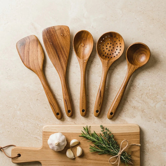 Acacia Wood Utensil Set – non-scratch surface, natural, ergonomic
