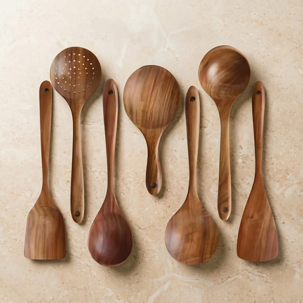 Acacia Wood Utensil Set – non-scratch surface, natural, ergonomic