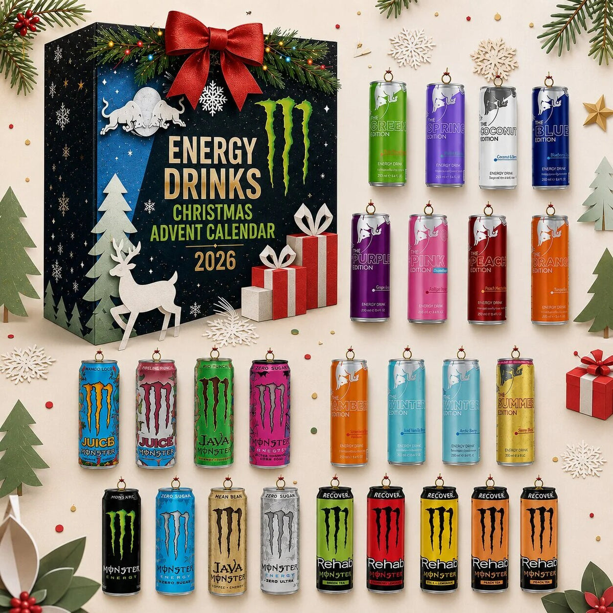 Energy Drink Advent Calendar 2026 – 24 Can Ornaments to Hang